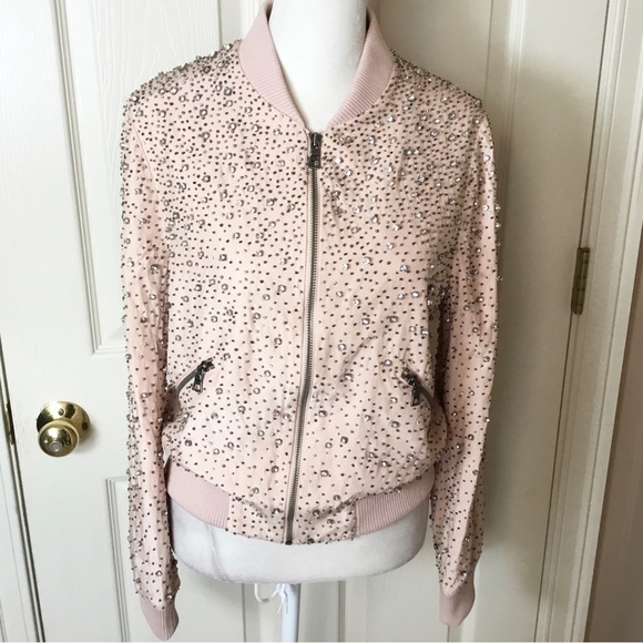 Alice + Olivia Pink Rhinestone Bomber Jacket- S